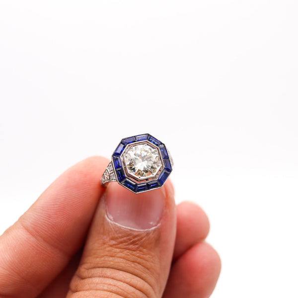 ART DECO 1930 Octagonal Ring In Platinum With 3.86 Ctw In Diamonds & Sapphires