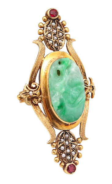 ART & CRAFT 1890 Cocktail Ring In 18Kt Yellow Gold With Jade Rubies & Pearls