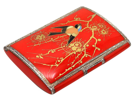 -Louis Kuppenheim 1930 Orange And Gold Enameled Chinoiserie Box In 935 Sterling Silver