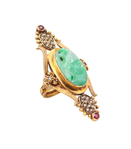 ART & CRAFT 1890 Cocktail Ring In 18Kt Yellow Gold With Jade Rubies & Pearls