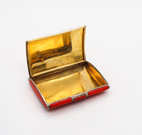 -Louis Kuppenheim 1930 Orange And Gold Enameled Chinoiserie Box In 935 Sterling Silver