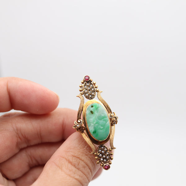 ART & CRAFT 1890 Cocktail Ring In 18Kt Yellow Gold With Jade Rubies & Pearls