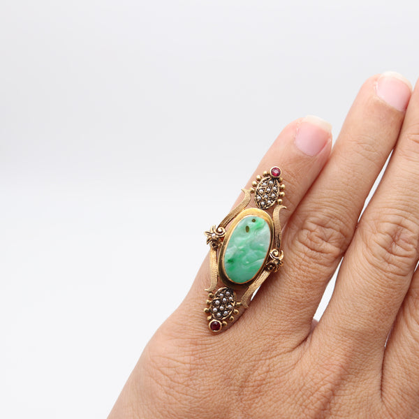 ART & CRAFT 1890 Cocktail Ring In 18Kt Yellow Gold With Jade Rubies & Pearls