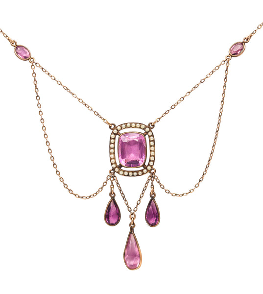 VICTORIAN 1870 Festoon Chained Necklace 9Kt Yellow Gold With Amethysts & Pearls