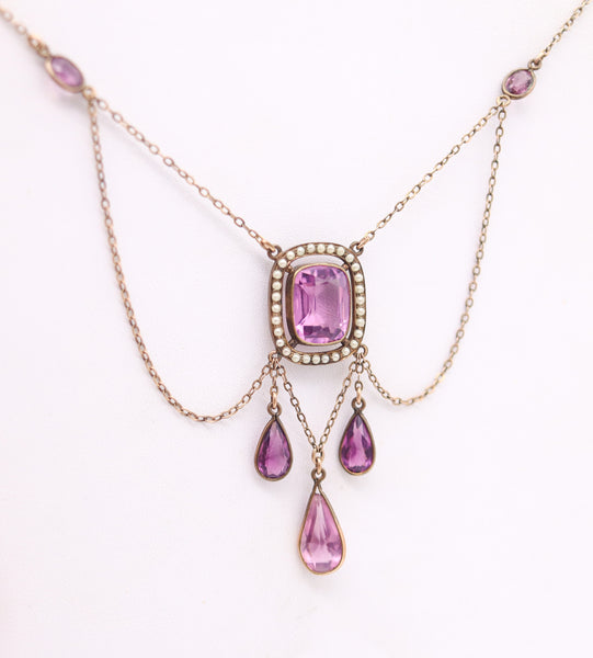 VICTORIAN 1870 Festoon Chained Necklace 9Kt Yellow Gold With Amethysts & Pearls