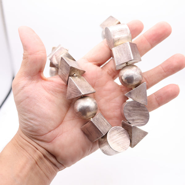 MEMPHIS 1980 Vintage Geometric Multi Links Necklace In .925 Sterling Silver