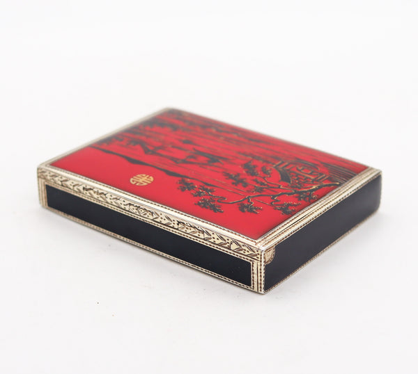 -Louis Kuppenheim 1925 Red And Black Enameled Chinoiserie Box In .935 Sterling