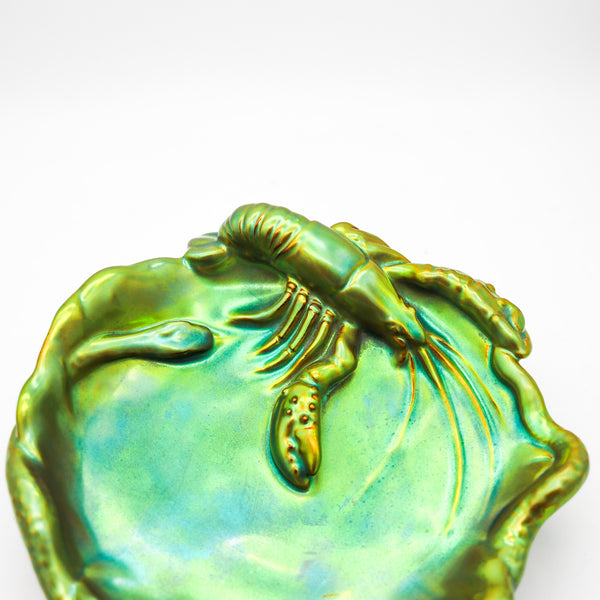 ZSOLNAY 1915 Hungary Nouveau Dish Lobster 7 Snake Eosin Iridescent Green Glazed