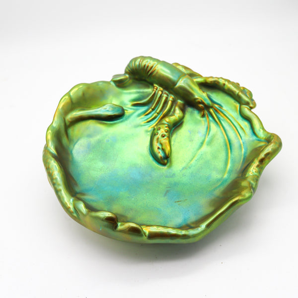 ZSOLNAY 1915 Hungary Nouveau Dish Lobster 7 Snake Eosin Iridescent Green Glazed