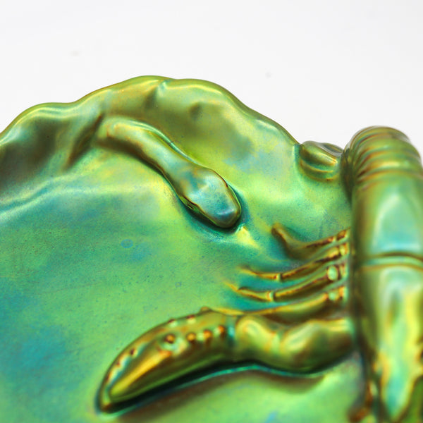 ZSOLNAY 1915 Hungary Nouveau Dish Lobster 7 Snake Eosin Iridescent Green Glazed