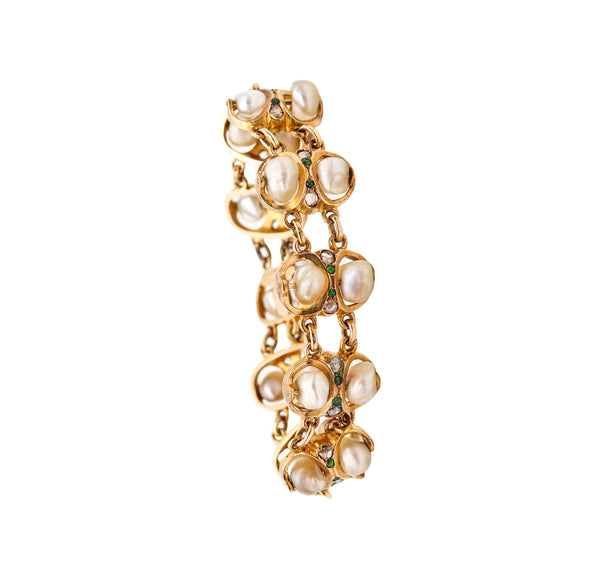 ART & CRAFT 1900 Natural Pearls Bracelet In 14-18Kt Gold With Diamonds & Demantoid