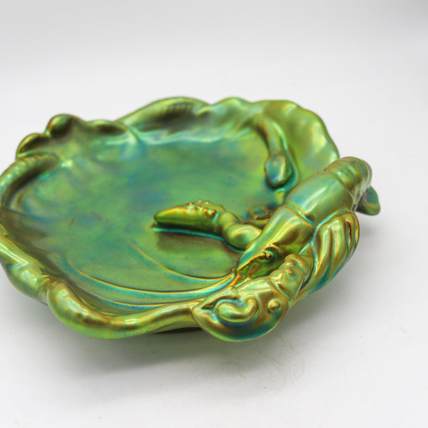 ZSOLNAY 1915 Hungary Nouveau Dish Lobster 7 Snake Eosin Iridescent Green Glazed