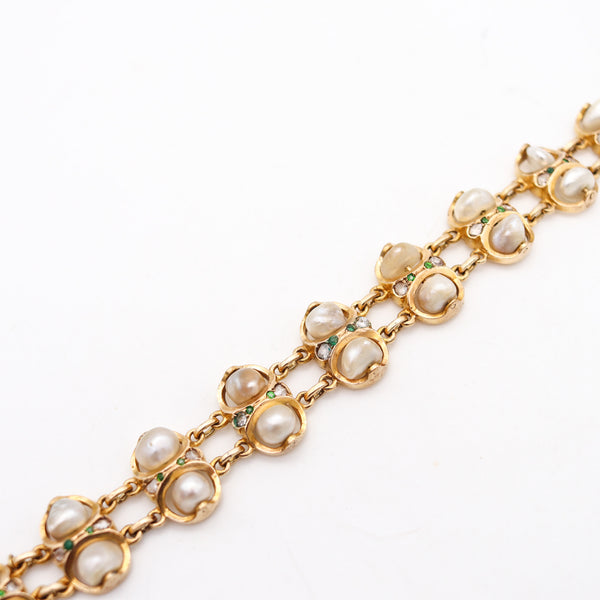 ART & CRAFT 1900 Natural Pearls Bracelet In 14-18Kt Gold With Diamonds & Demantoid