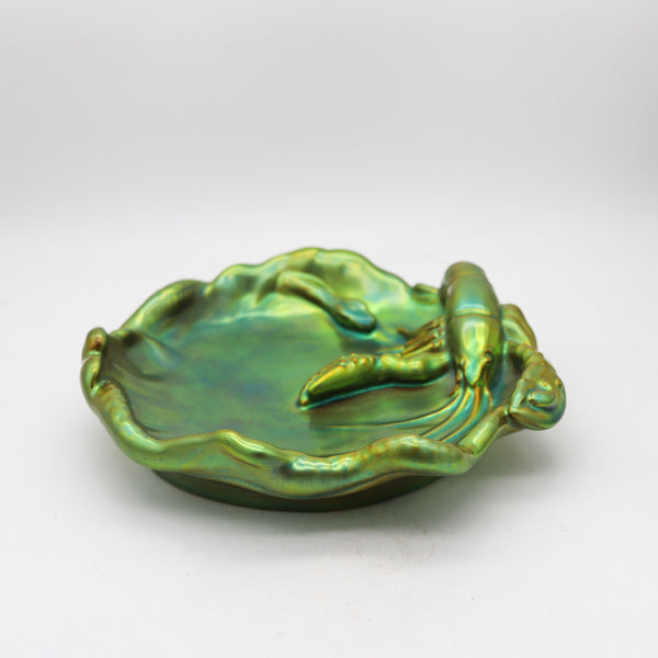 ZSOLNAY 1915 Hungary Nouveau Dish Lobster 7 Snake Eosin Iridescent Green Glazed