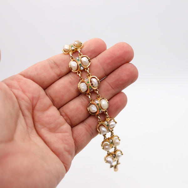 ART & CRAFT 1900 Natural Pearls Bracelet In 14-18Kt Gold With Diamonds & Demantoid