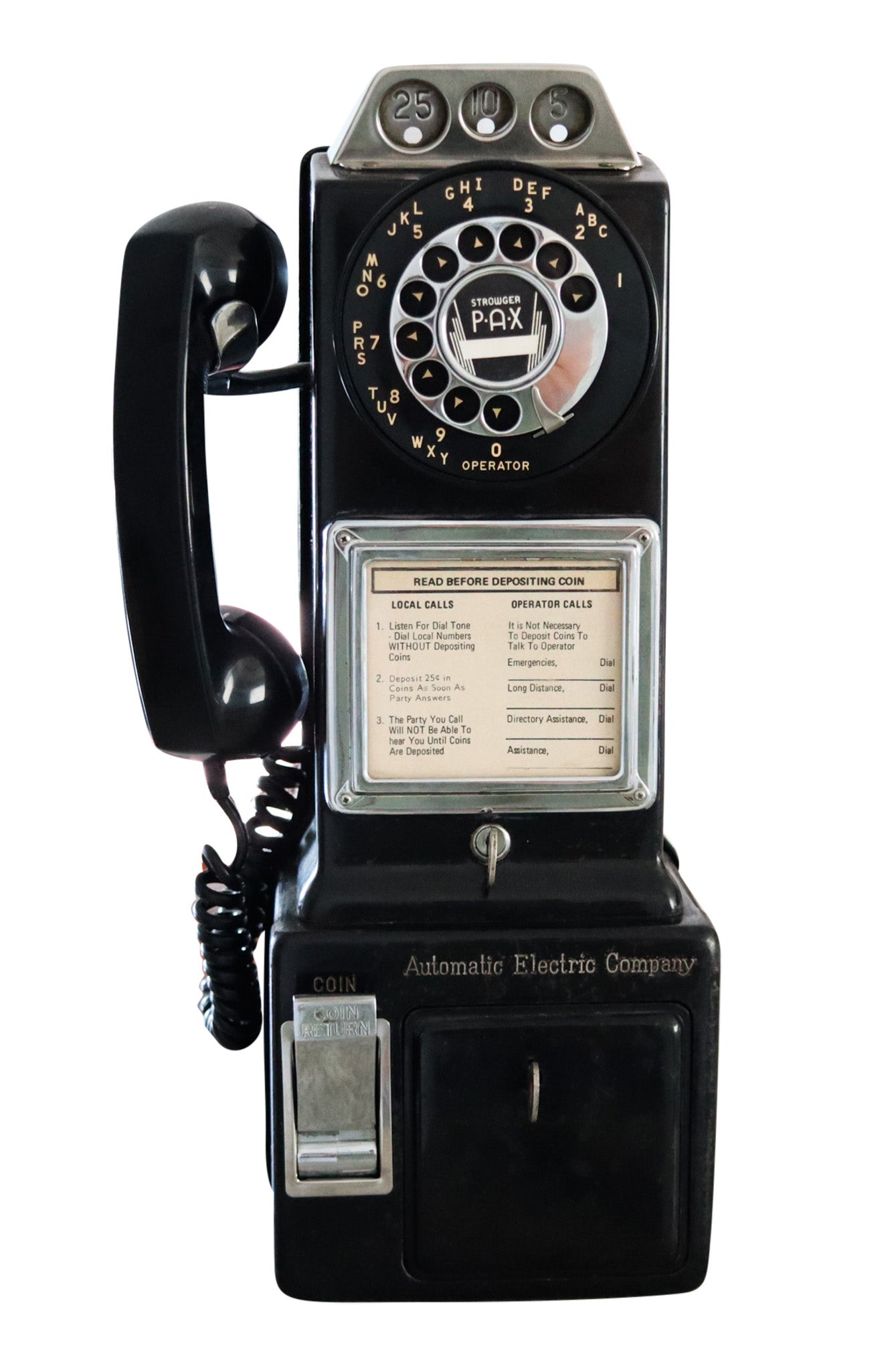 -American Electric Company 1940 Coin Wall Mounted Black Phone in Solid Steel