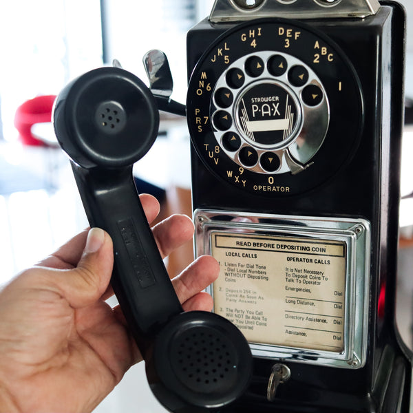 -American Electric Company 1940 Coin Wall Mounted Black Phone in Solid Steel