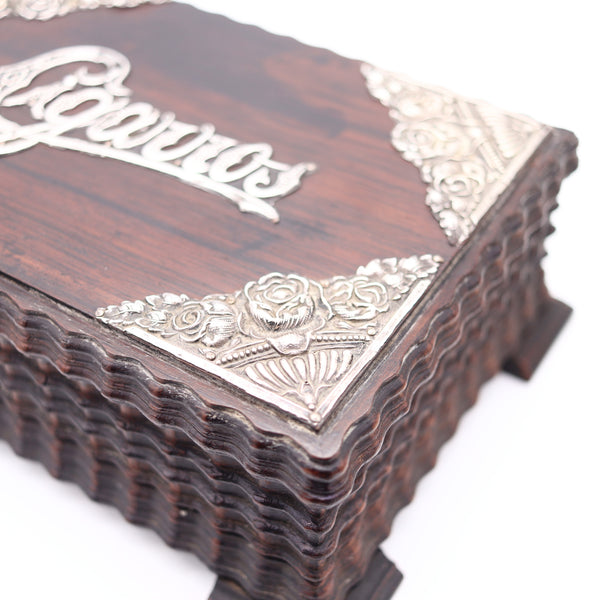 CIGARROS 1900 Desk Cigars Humidor Box In Carved Wood And Sterling Silver