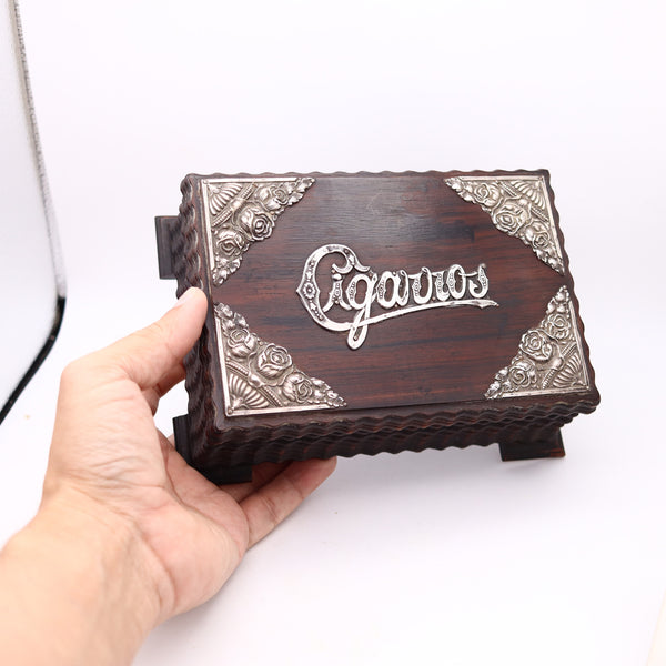 CIGARROS 1900 Desk Cigars Humidor Box In Carved Wood And Sterling Silver