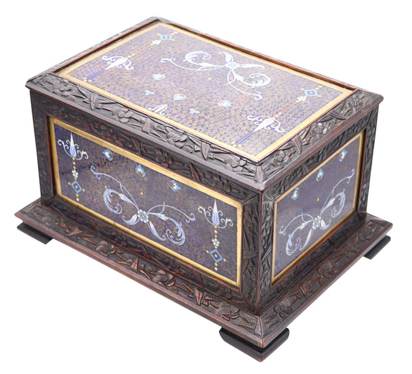 QING DYNASTY 1880 Desk Cigar Humidor Box In Carved Wood And Cloisonné