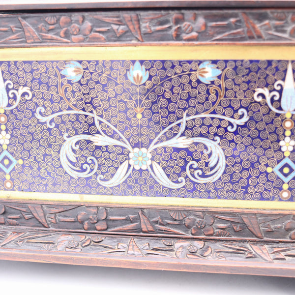 QING DYNASTY 1880 Desk Cigar Humidor Box In Carved Wood And Cloisonné