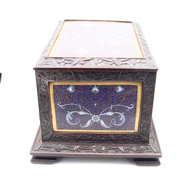 QING DYNASTY 1880 Desk Cigar Humidor Box In Carved Wood And Cloisonné
