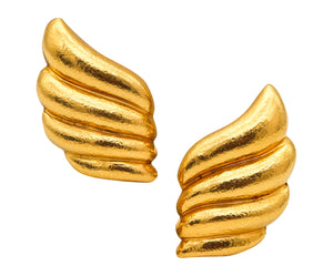 ZOLOTAS Greece Fluted Free Forms Clips On Earrings In Solid 22Kt Yellow Gold