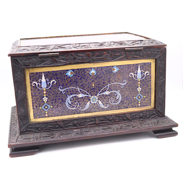 QING DYNASTY 1880 Desk Cigar Humidor Box In Carved Wood And Cloisonné
