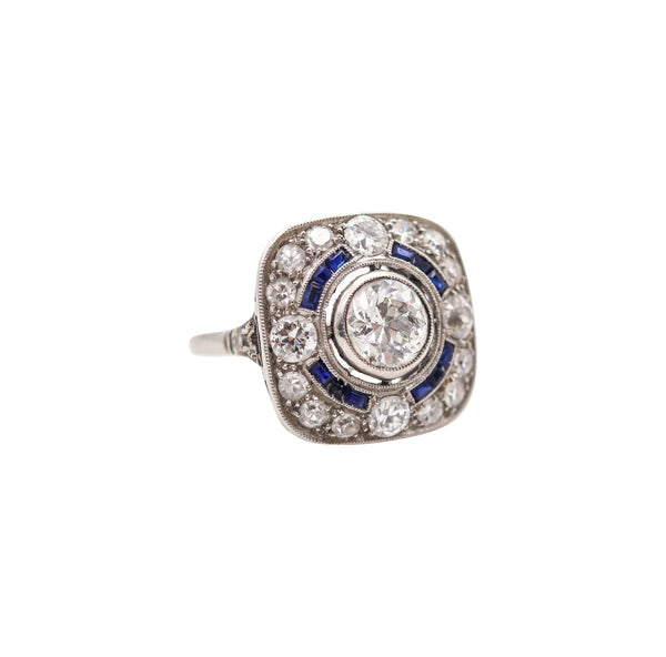 ART DECO 1930 Squared Ring In Platinum With 2.23 Ctw In Diamonds & Sapphires