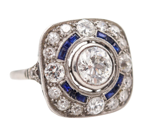 ART DECO 1930 Squared Ring In Platinum With 2.23 Ctw In Diamonds & Sapphires