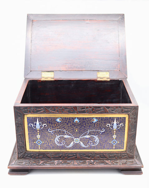 QING DYNASTY 1880 Desk Cigar Humidor Box In Carved Wood And Cloisonné