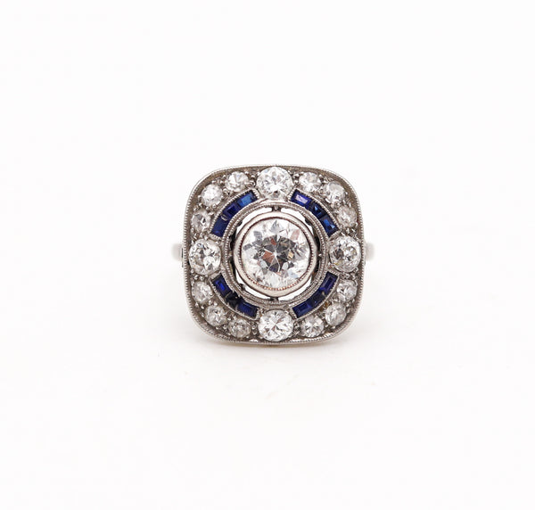 ART DECO 1930 Squared Ring In Platinum With 2.23 Ctw In Diamonds & Sapphires