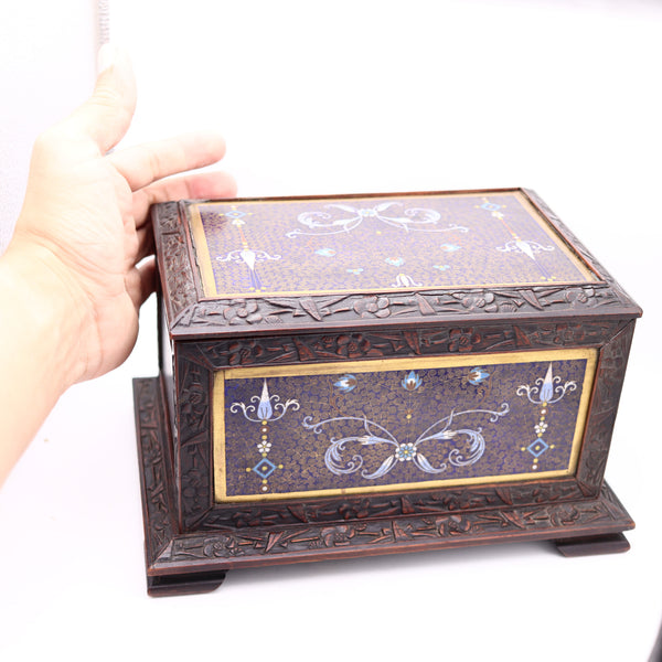 QING DYNASTY 1880 Desk Cigar Humidor Box In Carved Wood And Cloisonné