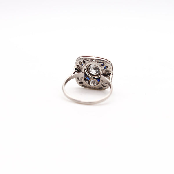 ART DECO 1930 Squared Ring In Platinum With 2.23 Ctw In Diamonds & Sapphires