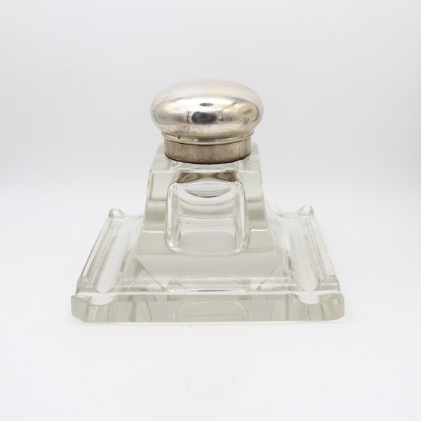AUSTRIAN 1920 Art-Deco Desk Inkwell In Cut Polished Glass And .800 Sterling Silver
