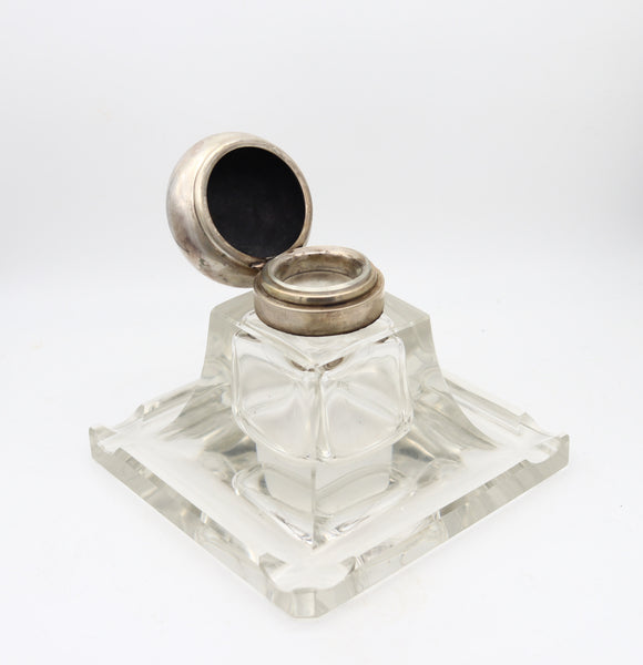 AUSTRIAN 1920 Art-Deco Desk Inkwell In Cut Polished Glass And .800 Sterling Silver