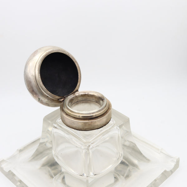 AUSTRIAN 1920 Art-Deco Desk Inkwell In Cut Polished Glass And .800 Sterling Silver