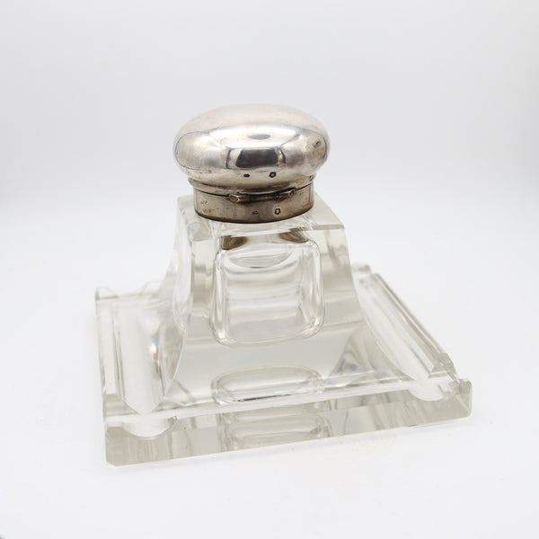 AUSTRIAN 1920 Art-Deco Desk Inkwell In Cut Polished Glass And .800 Sterling Silver