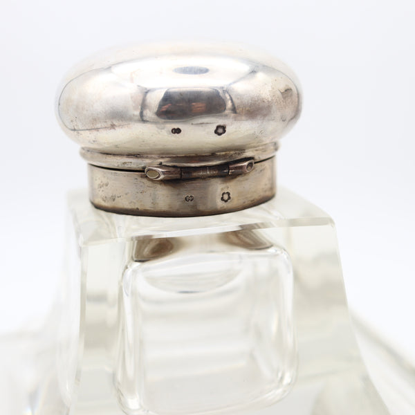 AUSTRIAN 1920 Art-Deco Desk Inkwell In Cut Polished Glass And .800 Sterling Silver