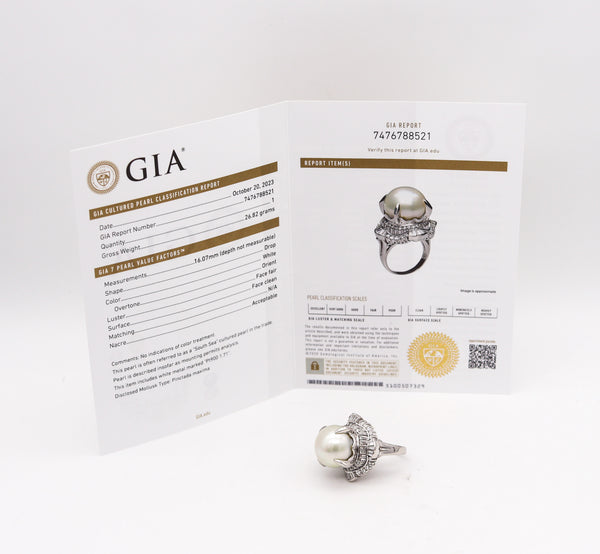 SOUTH SEAS Pearl Cocktail Ring In Platinum With 1.71 Ctw Diamonds Gia Certified