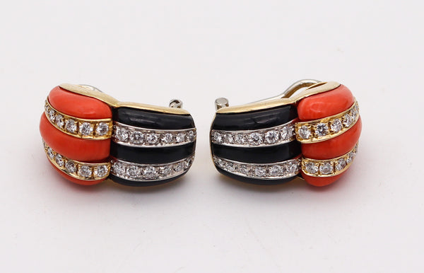FRENCH Modernist Clips On Earrings In 18Kt Gold With Diamonds Coral & Onyxes