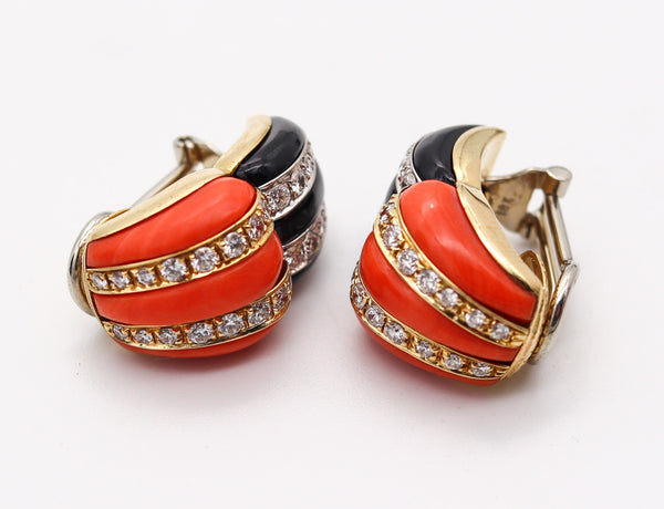 FRENCH Modernist Clips On Earrings In 18Kt Gold With Diamonds Coral & Onyxes
