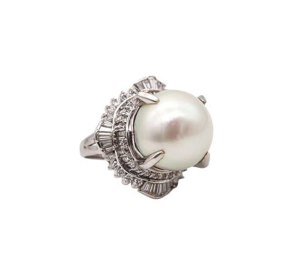 SOUTH SEAS Pearl Cocktail Ring In Platinum With 1.71 Ctw Diamonds Gia Certified