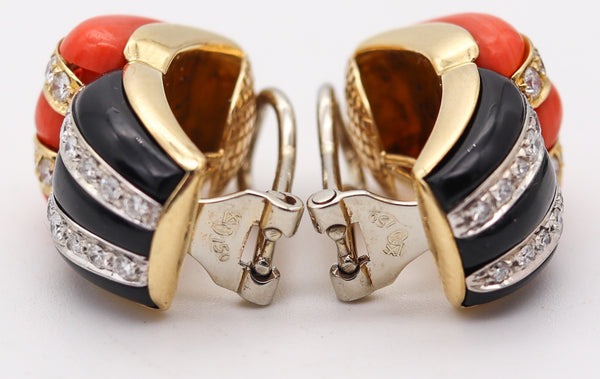 FRENCH Modernist Clips On Earrings In 18Kt Gold With Diamonds Coral & Onyxes