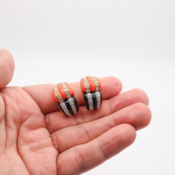 FRENCH Modernist Clips On Earrings In 18Kt Gold With Diamonds Coral & Onyxes