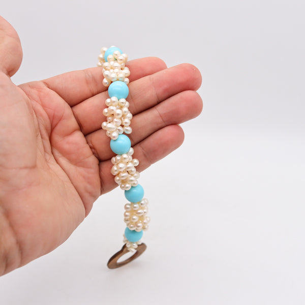 -Rajola Italy Contemporary Turquoise Bracelet With Cultured White Pearls