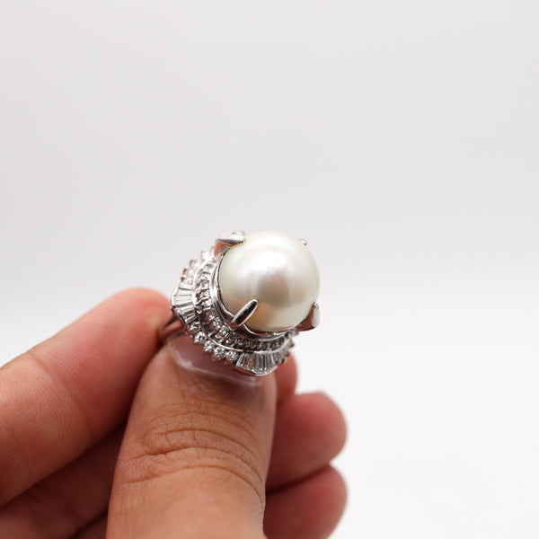 SOUTH SEAS Pearl Cocktail Ring In Platinum With 1.71 Ctw Diamonds Gia Certified