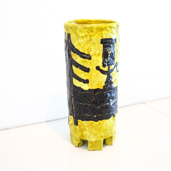 BRUNO CAPPACI 1965 Italian Arno Ceramiche Vase In Black & Yellow Glazed Terracotta
