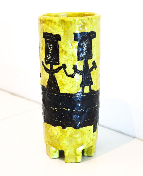 BRUNO CAPPACI 1965 Italian Arno Ceramiche Vase In Black & Yellow Glazed Terracotta