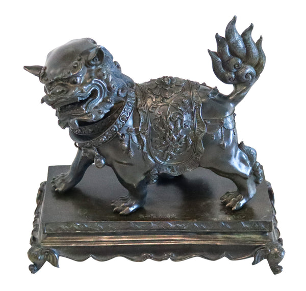 QING DYNASTY 1900 Antique Foo-Dog Sculpture In Solid Patinated Bronze